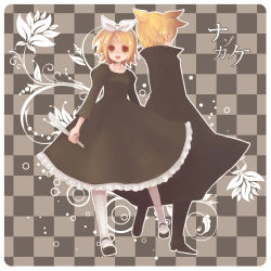 Rule 34 | 1boy, 1girl, back, blonde hair, bow, checkered background, coat, from behind, hair bow, hasurino (kotorikko), highres, kagamine len, kagamine rin, knife, nazokake (vocaloid), open mouth, ornament, ponytail, popped collar, red eyes, shoes, skirt, vocaloid, white legwear