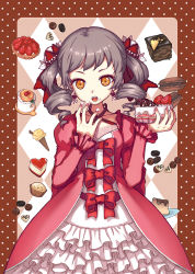 Rule 34 | 1girl, cake, chocolate, cream, dessert, drill hair, earrings, eating, food, frills, fruit, gothic lolita, hair ornament, ice cream, ice cream cone, jewelry, juke, lolita fashion, macaron, nail polish, open mouth, pastry, pink nails, red nails, solo, strawberry, strawberry shortcake, twin drills, twintails, wafer stick