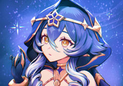 Rule 34 | 1girl, bare shoulders, black gloves, blue background, blue hair, blue hood, blush, bright pupils, circlet, claw ring, commentary, detached sleeves, drill hair, drill sidelocks, english commentary, eyelashes, genshin impact, glint, gloves, gold choker, gold trim, hair between eyes, hand up, highres, hood, hood up, jewelry, kureppuru, layla (genshin impact), long hair, looking away, multicolored hair, neck ring, parted lips, pointy ears, portrait, ring, sidelocks, solo, sparkle, star (symbol), upper body, white pupils, yellow eyes