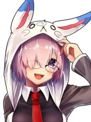 Rule 34 | 1girl, blush, breasts, fate/grand order, fate (series), fou (fate), glasses, grey jacket, hair over one eye, hood, hoodie, jacket, koruta (nekoimo), large breasts, long sleeves, looking at viewer, mash kyrielight, necktie, open mouth, pink hair, purple eyes, red necktie, simple background, solo, white background