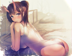 Rule 34 | 1girl, ass, azur lane, blush, breasts, brown eyes, brown hair, closed mouth, commentary request, dermar, from side, hair bun, hand on own chin, head tilt, highres, horns, izumo (azur lane), large breasts, legs together, long hair, one-piece swimsuit, oni, oni horns, partially submerged, pointy ears, ponytail, sideboob, single hair bun, smile, solo, swimsuit, water, wet, white one-piece swimsuit