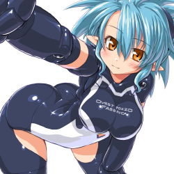 Rule 34 | 10s, 1girl, arched back, ass, bad id, bad pixiv id, bent over, blue hair, blush, breasts, brown eyes, busou shinki, dd (ijigendd), doll joints, joints, light smile, looking at viewer, outstretched arm, pointy ears, proxima, simple background, solo, white background
