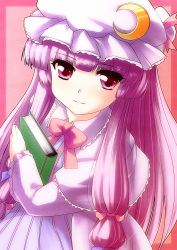 Rule 34 | 1girl, book, bow, bowtie, capelet, crescent, dress, frilled shirt collar, frills, hair bow, hat, hat ribbon, highres, holding, holding book, long hair, long sleeves, looking at viewer, mob cap, pajamas, patchouli knowledge, purple eyes, purple hair, ribbon, smile, solo, striped clothes, striped pajamas, tdk, touhou