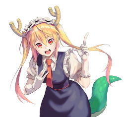 Rule 34 | 10s, 1girl, :d, bad id, bad pixiv id, blonde hair, dragon girl, dragon horns, dragon tail, gloves, highres, hj (leeho830), horns, index finger raised, kobayashi-san chi no maidragon, large tail, long hair, looking at viewer, maid, maid headdress, open mouth, red eyes, simple background, slit pupils, smile, solo, tail, tohru (maidragon), white background, white gloves