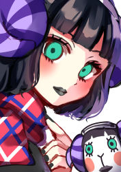 Rule 34 | 1girl, absurdres, animal crossing, aqua eyes, bad id, bad pixiv id, black lips, black nails, blunt bangs, closed mouth, curled horns, dual persona, eyelashes, highres, horns, lipstick, maitacoco, makeup, muffy (animal crossing), nail polish, nintendo, personification, pink scarf, plaid, plaid scarf, purple horns, scarf, sheep, sheep horns, short hair, simple background, upper body, white background