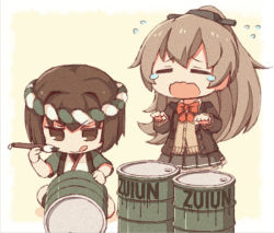 Rule 34 | 10s, 2girls, brown eyes, brown hair, commentary request, crying, drum (container), e16a zuiun, closed eyes, holding, hyuuga (kancolle), japanese clothes, kantai collection, kata meguma, kumano (kancolle), long hair, long sleeves, multiple girls, open mouth, pleated skirt, ponytail, school uniform, serafuku, short hair, skirt