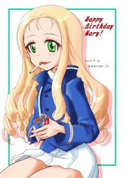 Rule 34 | 1girl, bc freedom military uniform, blonde hair, blue jacket, blue vest, character name, cigarette, cigarette pack, dated, dress shirt, drill hair, english text, girls und panzer, green outline, happy birthday, high collar, highres, holding, holding cigarette pack, interlocked fingers, jacket, long hair, long sleeves, looking at viewer, marie (girls und panzer), marinba (bell yamashige), military uniform, miniskirt, mouth hold, open mouth, outline, own hands together, pleated skirt, shadow, shirt, sitting, skirt, smile, solo, twitter username, uniform, vest, white shirt, white skirt