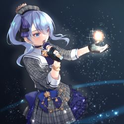 Rule 34 | 1girl, beret, blue eyes, blue hair, blurry, choker, commentary request, crown, dark background, depth of field, dress, eyes visible through hair, gloves, grey hat, hair ribbon, hat, hololive, hoshimachi suisei, hoshimachi suisei (1st costume), microphone, music, open mouth, partially fingerless gloves, ribbon, shimotsuki shio, side ponytail, singing, solo, star (symbol), star in eye, symbol in eye, virtual youtuber