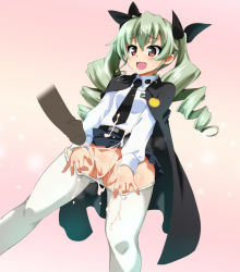 Rule 34 | 10s, 1boy, 1girl, anchovy (girls und panzer), anzio school uniform, belt, black cape, black necktie, black ribbon, black skirt, cape, cleft of venus, clothes pull, cum, cum on body, cum on lower body, dress shirt, drill hair, dutch angle, emblem, girls und panzer, green hair, hair ribbon, highres, long hair, long sleeves, looking to the side, miniskirt, necktie, open mouth, ouhashi, pantyhose, pantyhose pull, penis, pleated skirt, pussy, red eyes, ribbon, school uniform, shirt, skirt, smile, standing, sweat, twin drills, twintails, white pantyhose, white shirt