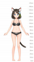 Rule 34 | 1girl, aina (mao lian), animal ear fluff, animal ears, arms at sides, bare arms, bare legs, bare shoulders, barefoot, blue eyes, bow, bow bra, bow panties, bra, breasts, brown bra, brown hair, brown panties, cat ears, cat tail, closed mouth, full body, height chart, highres, looking at viewer, mao lian (nekokao), medium breasts, medium hair, navel, original, panties, pigeon-toed, smile, solo, standing, tail, underwear, underwear only, white bow