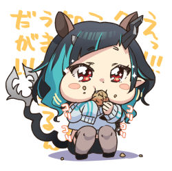 Rule 34 | 1girl, black hair, black shorts, blue hair, blush, chibi, commentary request, demon girl, demon horns, demon tail, eating, fang, full body, grey sweater, grey thighhighs, heebee, horns, long hair, multicolored hair, nanashi inc., official alternate costume, pointy ears, puffy cheeks, red eyes, shishio chris, shishio chris (2nd costume), shorts, solo, squatting, sugar lyric, sweater, tail, thighhighs, translation request, two-tone hair, virtual youtuber, walnut, white background