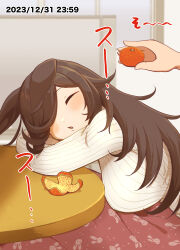 Rule 34 | 1girl, 1other, absurdres, animal ears, arm pillow, brown hair, closed eyes, commentary request, dated, food, fruit, hair over one eye, highres, holding, holding food, holding fruit, horse ears, horse girl, indoors, kotatsu, leaning forward, long hair, long sleeves, mandarin orange, natuumi (jmwy5354), open mouth, partial commentary, ribbed shirt, rice shower (umamusume), shirt, sleeping, table, translated, umamusume, white shirt