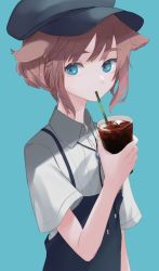 Rule 34 | 1girl, animal ears, aqua background, aqua eyes, bad id, bad twitter id, brown hair, commentary request, cup, drinking, drinking glass, holding, holding cup, holding drinking glass, iced tea, looking at viewer, migihidari (puwako), original, short hair, short sleeves, simple background, solo