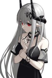 Rule 34 | 1girl, arknights, bare shoulders, black dress, breasts, commentary request, dress, grey hair, hair between eyes, hand up, highres, horns, kawara pigeon, long hair, medium breasts, mudrock (arknights), mudrock (obsidian) (arknights), official alternate costume, pointy ears, red eyes, see-through, simple background, sleeveless, sleeveless dress, solo, very long hair, white background