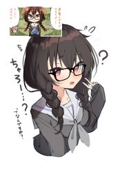 Rule 34 | 1girl, ?, absurdres, aged down, black-framed eyewear, black hair, black sweater, blush, braid, bright pupils, charo (meme), commentary, cropped torso, eyelashes, flying sweatdrops, glasses, grey neckerchief, hair between eyes, hand up, highres, inaba meguru, koiirohanab, long hair, looking at viewer, meme, neckerchief, official alternate costume, official alternate hair color, official alternate hairstyle, open mouth, photo-referenced, raised eyebrows, red eyes, sailor collar, sanoba witch, school uniform, serafuku, shy, simple background, sleeves past wrists, solo, sweater, translated, tsurime, twin braids, upper body, v, white background, white sailor collar