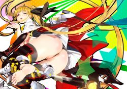 Rule 34 | 1girl, ass, bardiche (bullova form) (nanoha), bardiche (nanoha), barefoot, black gloves, black panties, black ribbon, black thighhighs, blonde hair, blowing kiss, boots, breasts, cape, cleft of venus, commentary request, elbow gloves, fate testarossa, feet, floating hair, foreshortening, from behind, gloves, gradient background, hair ribbon, heart, long hair, looking at viewer, looking back, lyrical nanoha, magical girl, mahou shoujo lyrical nanoha, mahou shoujo lyrical nanoha reflection, mikazuki akira!, one eye closed, open clothes, panties, partially visible vulva, polka dot, polka dot background, red cape, red eyes, ribbon, scythe, single glove, soles, solo, star (symbol), thighhighs, thong, toes, twintails, underboob, underwear, very long hair, wedgie, white cape