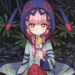 Rule 34 | 1girl, blue eyes, blush, braid, closed mouth, commentary, food, fruit, highres, holding, holding food, hood, hood up, hooded jacket, hoodie, ice cream, jacket, kaf (kamitsubaki studio), kamitsubaki studio, kiwi (fruit), kiwi slice, lamp, long hair, long sleeves, looking at viewer, low twin braids, mareep15, multicolored eyes, open clothes, pink hair, plant, popsicle, red eyes, smile, solo, twin braids, virtual youtuber, wide sleeves, yellow eyes