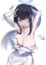 Rule 34 | 1boy, 1girl, adjusting hair, armpits, bad anatomy, bad arm, black hair, blue archive, blue eyes, blue hair, blue halo, blush, breasts, cleavage, closed mouth, collarbone, colored inner hair, doodle sensei (blue archive), dress, elbow gloves, espada gcon, gloves, halo, highres, large breasts, long hair, looking at viewer, multicolored hair, official alternate costume, saori (blue archive), saori (dress) (blue archive), sensei (blue archive), simple background, sketch, strapless, strapless dress, white background, white dress, white gloves