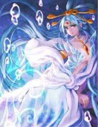 Rule 34 | 1girl, armlet, armor, bare shoulders, blue hair, bracelet, breasts, brooch, center opening, choker, cleavage, collarbone, djinn equip, dress, earrings, elk (zrkn69), forehead jewel, gem, hair ornament, hair rings, hair stick, jewelry, large breasts, long hair, looking at viewer, lots of jewelry, magi the labyrinth of magic, red eyes, ren kougyoku, shawl, smile, solo, water, white dress