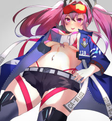 Rule 34 | 1girl, :p, aa44, azur lane, belt, bikini, bikini under clothes, black shorts, blue jacket, blue thighhighs, blush, breasts, bremerton (azur lane), buckle, commentary, cowboy shot, crop top, crop top overhang, cropped jacket, cutoffs, ear piercing, eyewear on head, front-tie bikini top, front-tie top, grey background, grey belt, grey hair, hair between eyes, hair intakes, hair ornament, hand on own hip, jacket, large breasts, long hair, long sleeves, looking at viewer, midriff, multicolored hair, navel, navel piercing, open clothes, open jacket, piercing, pink bikini, pink eyes, pink hair, red-tinted eyewear, shirt, short shorts, shorts, side-tie bikini bottom, sidelocks, simple background, smile, snap-fit buckle, solo, standing, streaked hair, sunglasses, sunglasses on head, swimsuit, thigh strap, thighhighs, tinted eyewear, tongue, tongue out, twintails, two-tone hair, underboob