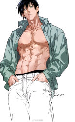 Rule 34 | 1boy, abs, bara, bare pectorals, black hair, fushiguro touji, green eyes, hands in pockets, highres, jujutsu kaisen, large pectorals, male focus, muscular, muscular male, navel, nipples, pants, pectorals, sashiyu, scar, scar on face, scar on mouth, short hair, simple background, solo, twitter username, white background, white pants