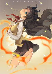 Rule 34 | 1girl, air (air end), ass, black hair, black ribbon, black skirt, blue eyes, blush, breasts, character name, cropped legs, embers, fate/stay night, fate (series), fire, from side, grey background, hair ribbon, homurahara academy school uniform, long hair, long sleeves, looking at viewer, medium breasts, neck ribbon, november, ribbon, school uniform, shirt, skirt, solo, tohsaka rin, two side up, vest, weapon, white shirt, wind, wind lift, yellow vest