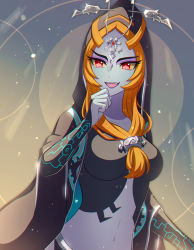 Rule 34 | 1girl, blue skin, breasts, cloak, colored sclera, colored skin, enni, eyelashes, fangs, front ponytail, hair ornament, highres, hood, hooded cloak, long hair, medium breasts, midna, midna (true), nintendo, open mouth, orange hair, red eyes, solo, the legend of zelda, the legend of zelda: twilight princess, upper body, yellow sclera