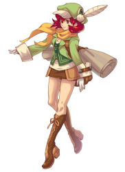 Rule 34 | 1girl, boots, brown eyes, cross-laced footwear, excavator (wild arms xf), feathers, full body, hat, jacket, knee boots, lace-up boots, official art, red hair, sasaki tomomi, scarf, scroll, short hair, skirt, solo, white background, wild arms, wild arms xf