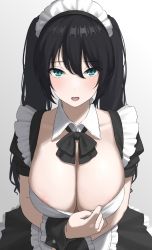 Rule 34 | 1girl, apron, black dress, black hair, blue eyes, blush, breasts, cleavage, dress, frills, highres, kaminari doon, large breasts, long hair, looking at viewer, maid, maid headdress, open mouth, original, puffy short sleeves, puffy sleeves, short sleeves, smile, solo, twintails, white apron