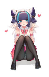 Rule 34 | 1girl, absurdres, aqua eyes, azur lane, black footwear, black hair, black pantyhose, blue hair, blunt bangs, blush, bow, bowtie, breasts, button gap, cheshire (azur lane), chinese commentary, cleavage, closed mouth, collared shirt, commentary request, double v, heart, highres, jianshu, knees up, loafers, looking at viewer, maid headdress, medium breasts, miniskirt, multicolored hair, panties, panties under pantyhose, pantyhose, pantyshot, pink bow, pink neckwear, pink skirt, shirt, shoes, short hair, short sleeves, simple background, sitting, skirt, smile, squatting, streaked hair, two-tone hair, underwear, upskirt, v, white background, white panties, white shirt