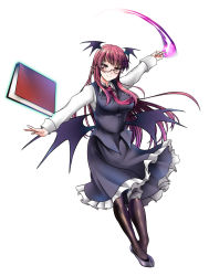 Rule 34 | 1girl, bat wings, bespectacled, black footwear, black pantyhose, black skirt, black vest, blush, book, breasts, collared shirt, commentary request, dress shirt, floating, floating book, floating object, frilled skirt, frills, full body, glasses, head wings, highres, koakuma, large breasts, long hair, long sleeves, low wings, necktie, outstretched arms, pantyhose, pointy ears, red-framed eyewear, red eyes, red hair, red necktie, semi-rimless eyewear, shirt, shoes, sidelocks, simple background, skirt, skirt set, smile, solo, spread arms, standing, standing on one leg, touhou, vest, white background, white shirt, wing collar, wings, yumi (careca398)