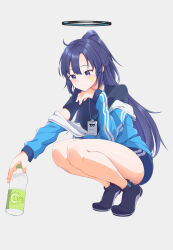 Rule 34 | 1girl, absurdres, bare legs, black footwear, black shirt, blue archive, blue buruma, blue eyes, blue hair, blue jacket, blush, bottle, breasts, buruma, commentary, full body, gym uniform, halo, hand on own chin, highres, holding, holding bottle, id card, jacket, lanyard, long hair, looking down, mechanical halo, medium breasts, off shoulder, official alternate costume, open clothes, open jacket, parted bangs, parted lips, partially unzipped, ponytail, shiraae quartet, shirt, shoes, simple background, solo, squatting, star sticker, sticker on face, sweat, thighs, track jacket, water bottle, white background, yuuka (blue archive), yuuka (track) (blue archive)