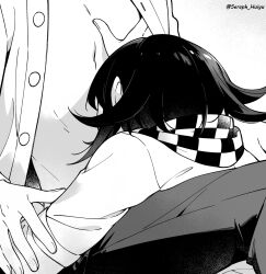 2boys artist_name checkered_neckerchief danganronpa_(series) danganronpa_v3:_killing_harmony dress_shirt ewa_(seraphhuiyu) flipped_hair from_behind gradient_background greyscale highres kissing_stomach male_focus monochrome multiple_boys neckerchief oma_kokichi open_clothes open_shirt pants saihara_shuichi shirt sitting yaoi