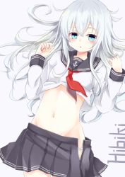 Rule 34 | 1girl, :o, anchor symbol, black skirt, blue eyes, blush, character name, clothes lift, clothes pull, commentary request, fingernails, groin, hair between eyes, hands up, hibiki (kancolle), jewelry, kantai collection, long hair, long sleeves, looking at viewer, lying, navel, neckerchief, on back, open clothes, open skirt, panties, panty peek, panty pull, parted lips, pleated skirt, purple background, red neckerchief, ring, school uniform, serafuku, shirt, shirt lift, silver hair, simple background, siroyuki, skirt, skirt pull, solo, underwear, very long hair, wedding band, white panties, white shirt