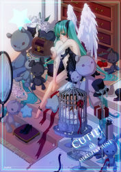 Rule 34 | 1girl, angel wings, animal ears, aoko2222, aoko (torisoboro), apple, aqua eyes, aqua hair, bad id, bad pixiv id, barefoot, cage, candy, cat, feathers, food, fruit, hair ribbon, hat, hatsune miku, key, hugging own legs, long hair, mirror, pillow, ribbon, shoes, sitting, solo, stairs, stuffed animal, stuffed toy, top hat, treasure chest, twintails, vocaloid, wings