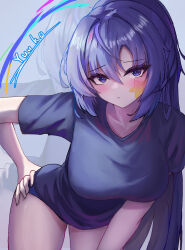 1girl absurdres bare_legs blue_archive blue_buruma blush buruma character_name commentary hand_on_own_hip highres leaning_forward looking_at_viewer nonoka7221 purple_eyes purple_hair solo star_sticker sticker_on_face thighs yuuka_(blue_archive) yuuka_(track)_(blue_archive) zoom_layer