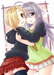 2girls ahoge black_hoodie black_thighhighs blonde_hair blush brown_eyes cowboy_shot dot_nose flower green_shirt grey_eyes grey_hair hair_between_eyes hair_over_one_eye highres hood hood_down hoodie hoshi_syoko hug idolmaster idolmaster_cinderella_girls idolmaster_cinderella_girls_starlight_stage long_hair long_sleeves looking_at_viewer looking_back miniskirt multiple_girls mushroom open_mouth pink_background plaid_clothes plaid_skirt pleated_skirt red_skirt red_trim rose satogo shirasaka_koume shirt short_hair short_sleeves skirt sleeves_past_fingers sleeves_past_wrists smile standing thighhighs very_long_hair white_skirt zettai_ryouiki