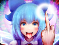 Rule 34 | 1girl, benikurage (cookie), blue bow, blue eyes, blue hair, blush, bow, cirno, collared shirt, commentary request, cookie (touhou), fangs, hair between eyes, hair bow, ice, ice wings, khn (kihana), looking at viewer, middle finger, neck ribbon, open mouth, portrait, red ribbon, ribbon, shirt, short hair, slit pupils, smile, solo, teeth, tongue, tongue out, touhou, white shirt, wings