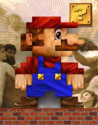 Rule 34 | 6+boys, ? block, arms at sides, beard stubble, blouse, blue overalls, brick, brown hair, facial hair, fine art parody, hat, jimi benedict, legs apart, male focus, mario, mario (series), multiple boys, mustache, nintendo, overalls, parody, realistic, red hat, red shirt, shirt, solo focus, standing, stubble, super mario bros. 1