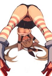 Rule 34 | 1girl, black gloves, black panties, black skirt, blonde hair, blush, breasts, crop top, elbow gloves, fang, from behind, gloves, highleg, highleg panties, highres, jack-o&#039; challenge, kantai collection, long hair, miniskirt, open mouth, panties, pleated skirt, rudder footwear, shimakaze (kancolle), simple background, skin fang, skirt, sleeveless, small breasts, solo, striped clothes, striped thighhighs, thighhighs, top-down bottom-up, underwear, wat (worldlog), white background, yellow eyes