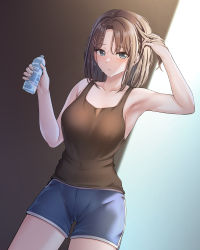 Rule 34 | 1girl, absurdres, arm up, armpits, bang dream!, bare arms, bare shoulders, black tank top, blue background, blue eyes, blue shorts, blurry, blurry background, blush, bottle, breasts, brown background, brown hair, closed mouth, collarbone, commentary request, cowboy shot, dolphin shorts, dutch angle, gradient background, hair between eyes, hair lift, hair ornament, hairclip, hand up, highres, holding, holding bottle, korean commentary, looking at viewer, medium breasts, medium hair, mixed-language commentary, okusawa misaki, ptal, shorts, solo, standing, sweat, tank top, water bottle, wet, wet hair