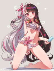 Rule 34 | 1girl, arm behind back, artist name, bikini, black hair, bow, breasts, cameltoe, cleft of venus, commentary request, food, frilled bikini, frills, full body, hair bow, hair ornament, hair ribbon, heart, highres, holding, holding food, jacket, kneeling, long hair, looking at viewer, medium breasts, multicolored hair, nail polish, navel, nijisanji, one side up, open clothes, open jacket, open mouth, pink bow, pink nails, popsicle, rabbit hair ornament, red eyes, ribbon, silver hair, simple background, solo, stomach, streaked hair, striped ribbon, swimsuit, utm iota, very long hair, virtual youtuber, white bikini, yorumi rena, yorumi rena (7th costume)