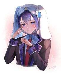 Rule 34 | 1boy, animal hat, blue eyes, blue hair, blush, bow, commentary, crying, crying with eyes open, dog hat, dreamxiety, english commentary, hands up, hat, highres, kaito (vocaloid), looking at viewer, necktie, pixiv username, plaid, pout, project sekai, ribbon, shirt, short hair, simple background, sparkle, star (symbol), tears, two-tone background, uniform, upper body, vocaloid