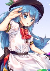 Rule 34 | 1girl, alternate eye color, arm up, bad id, bad pixiv id, black headwear, black sash, blouse, blue background, blue eyes, blue hair, blue skirt, blush, bow, bowtie, center frills, cheunes, commentary, cowboy shot, food, frills, fruit, gradient background, head tilt, highres, hinanawi tenshi, leaf, long hair, looking at viewer, open mouth, peach, puffy short sleeves, puffy sleeves, red bow, red bowtie, sash, shirt, short sleeves, skirt, solo, touhou, white background, white shirt