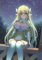 Rule 34 | 1girl, boots, breasts, cleavage, cleavage cutout, clothing cutout, cross-laced clothes, elf, elsword, gloves, grand archer (elsword), green eyes, hair ornament, long hair, night, night sky, octoman, outdoors, pointy ears, rena erindel, sitting, skirt, sky, smile, solo, star (sky), star (symbol), thigh boots, thighhighs, tree, white thighhighs