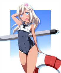 Rule 34 | 10s, 1girl, bad id, bad pixiv id, blonde hair, blue eyes, covered navel, cowboy shot, crop top, danpu, flower, hair flower, hair ornament, kantai collection, lifebuoy, long hair, looking at viewer, one-piece tan, open mouth, ro-500 (kancolle), sailor collar, school swimsuit, solo, swim ring, swimsuit, swimsuit under clothes, tan, tanline, torpedo