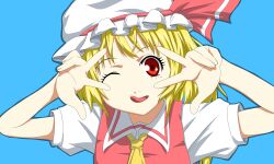 Rule 34 | 1girl, anime coloring, ascot, blonde hair, blue background, breasts, collared shirt, derivative work, double v, evandragon, flandre scarlet, hat, hat ribbon, highres, joshi kousei, looking at viewer, medium hair, mob cap, one eye closed, parody, red eyes, red ribbon, red vest, ribbon, shirt, simple background, small breasts, solo, tongue, tongue out, touhou, upper body, v, vest, white hat, white shirt, yellow ascot