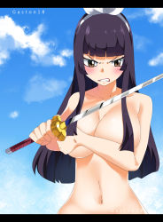 Rule 34 | 1girl, angry, black hair, blunt bangs, blush, breasts, brown eyes, fairy tail, female focus, gaston18, highres, kagura mikazuchi, large breasts, long hair, looking at viewer, navel, nude, solo, sword, upper body, weapon