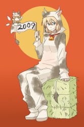 Rule 34 | 00s, 1girl, 2009, alice margatroid, animal costume, bell, neck bell, blonde hair, blue eyes, collar, cow, cow costume, cowsuit, doll, female focus, hay, matching shanghai, new year, shanghai doll, short hair, solo, torinone, touhou, wings