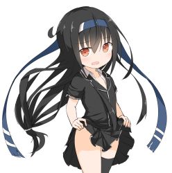 Rule 34 | black hair, black jacket, black skirt, black thighhighs, blazer, blue hairband, blush, clothes lift, commentary, embarrassed, flat chest, hachimaki, hairband, hatsushimo (kancolle), hatsushimo kai ni (kancolle), headband, jacket, kantai collection, lifting own clothes, long hair, looking at viewer, low-tied long hair, open mouth, pleated skirt, red eyes, short sleeves, skirt, skirt lift, sleeves rolled up, solo, thighhighs, thighs, yamato tachibana